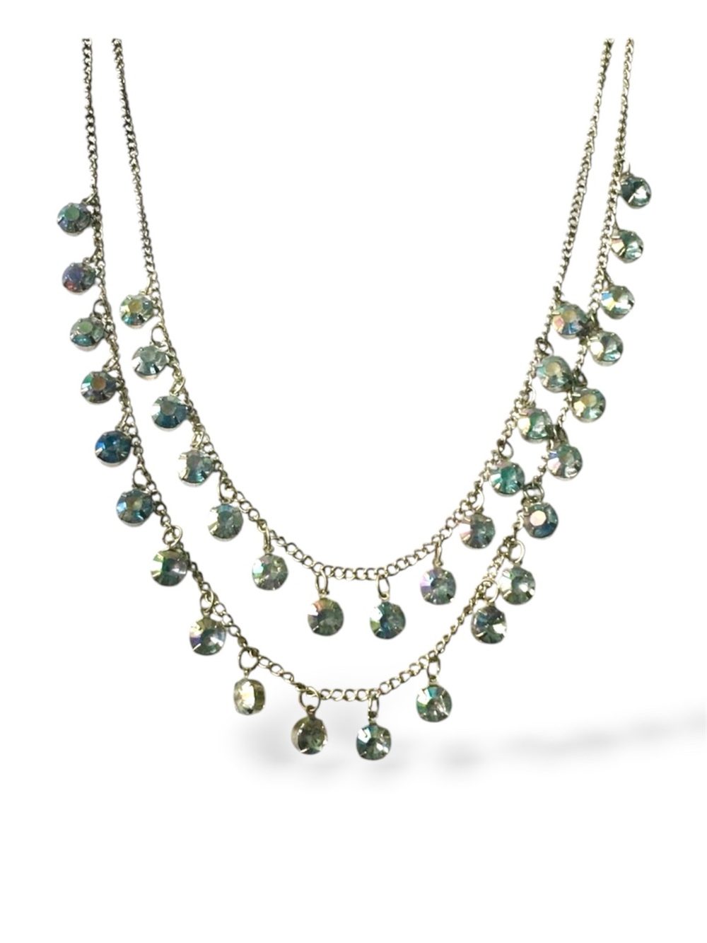 Silver Tone AB Glass Dangling Rhinestone Necklace 32in Long Layered Double Chain